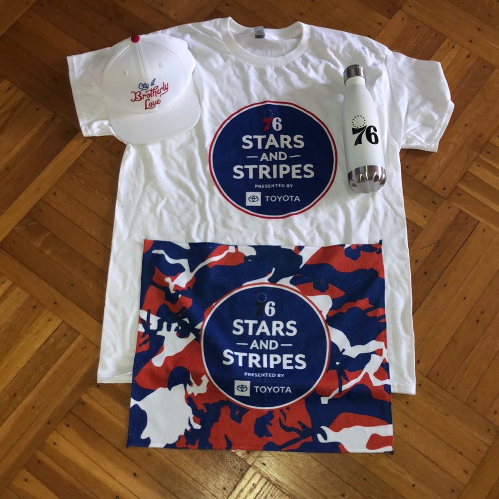 Sixers fan pack- new hat, water bottle, T-shirt and towel